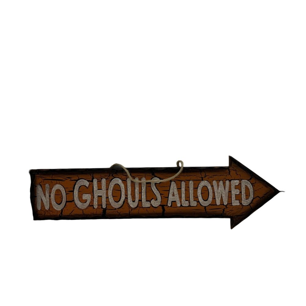 No Ghouls Allowed Halloween Sign  Rustic Wood Arrow Wall Hanging Decoration